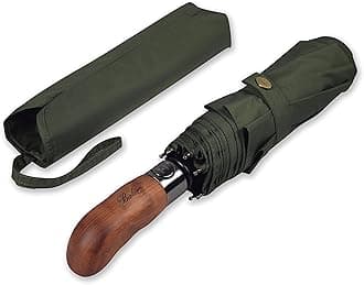 Prestige Travel Folding Umbrella, Handmade Wood Handle, Auto Open & Close Green/Olive