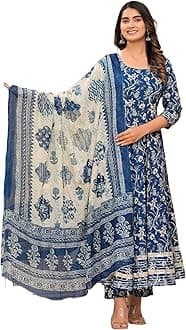 Women's Cotton Printed Anarkali Kurta With Palazzo & Dupatta Set With Dori