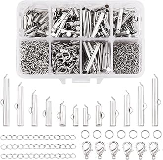 BB Beadthoven 1Box 6Sizes Iron Slide On End Clasps with Twist Extender Chains Jump Rings & Alloy Lobster Claw Clasps Tube Crimp Cord Ends Finding for Jewelry Making 10mm/13mm/16mm/20mm/25mm/30mm