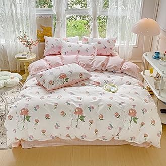 Rabbit Kids Duvet Cover Set Twin 100% Cotton Bedding for Boys Girls Teens Cartoon White Bunny Red Pink Flower Pattern 1 Cute Kawaii Floral Comforter Cover 2 Pillowcases (Twin)