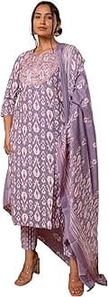 MIRCHI FASHIONWomen's Straight Fit Poly Cotton Ikat Printed Sequins Embroidered Kurta Set with Dupatta and Trouser