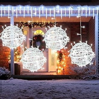 Outdoor Christmas Ball Lights 4 Pack Hanging 15.7" LED Garden Sphere Tree Lights 8 Modes Waterproof Glow Globe Light with Memory Timer Plug for Yard Porch Eave Patio Home Bedroom Decoration-Cool White