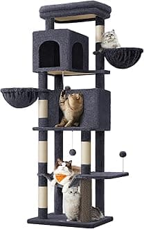 Feandrea Cat Tree, 69-Inch Tall Cat Tower, Multi-Level Plush Condo with 2 Caves, 2 Baskets, 5 Scratching Posts, Self-Groomer, Perch, Hammock, Dark Gray UPCT182G02
