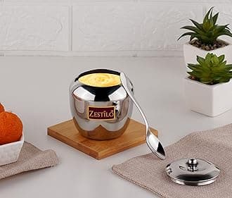 ZESTILO Stainless Steel Ghee Pot, Ghee Container, Ghee Dispenser, Ghee Pot With Spoon, Ghee Container With Spoon, Ghee Jar, Gee Pot, Gee Container 250 Ml Apple,Silver