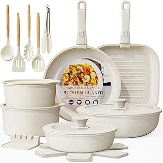 Astercook 23 Pcs Pots and Pans Set Non Stick, Ceramic Cookware Set Detachable Handle, RV Kitchen Cooking Set Removable Handles, Oven Safe, Induction Ready, Stackable Non-stick Set, Cream White