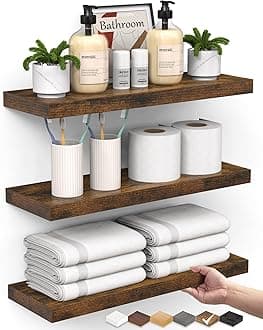 Floating Shelves Bathroom for Wall – Shelf Over Toilet Farmhouse Rustic Wood for Bedroom, Kitchen, or Living Room Decor Organization, Christmas Decor Shelves – Rustic Brown, Set of 3