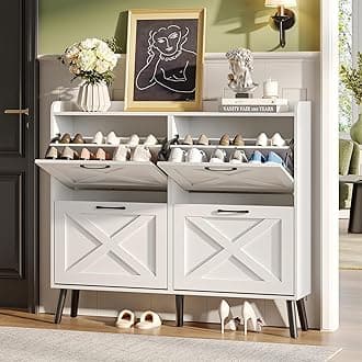 Maupvit Large Shoe Storage Cabinet with 4 Flip Drawers, Narrow Shoe Cabinet for Entryway with Wooden Legs, Freestanding Hidden Shoe Rack Organizer ＆ Metal Hinges, White