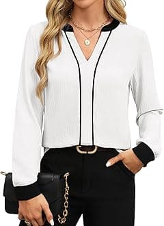 Fayenne Womens Tops Dressy Casual V Neck Color Block Business Casual Blouses Long Sleeve Work Shirts Fall Trendy Clothes