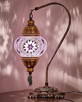DEMMEX Turkish Moroccan Mosaic Table Lamp – Handcrafted Tiffany-Style Colorful Glass Swan Neck Bedside, Desk, Table Light, Boho Artisan Accent Lighting for Bedroom or Living Room – 15" H, Lilac