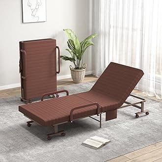 Giantex Folding Bed with Mattress, Foldable Portable Guest Bed w/Adjustable 6 Position & Side Storage Pocket, Fold up Bed on Wheels for Home, Roll Away Beds with Mattresses for Adults, Brown