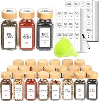 SWOMMOLY 24 Glass Spice Jars with 366 Labels, 6 oz Spice Jars with Bamboo Lids, Empty Bottles with Shaker Lids, Spice Containers with White Spice Labels,Chalk Marker, Funnel.