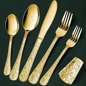 Meythway 40-Piece Vintage Carved Gold Silverware Set for 8, Stainless Steel Flatware Set with Knife/Fork/Spoon, Cutlery Set for Home and Kitchen, Utensil Set with Dishwasher Safe
