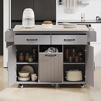 Ball & Cast Kitchen Island with Trash Can Storage Cabinet,Kitchen Cart W/Drop Leaf,Spice Rack,Towel Rack and Drawers,Rolling Kitchen Islands on Wheels W/Adjustable Shelf for Dining Room,Grey