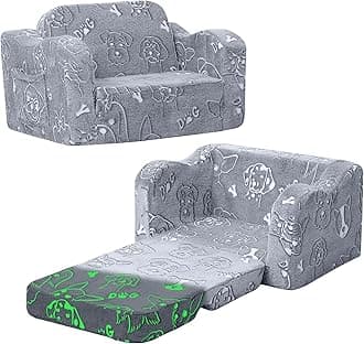 MeMoreCool Glowing Dog Print Kids Chair, 2-in-1 Foldable Kids Couch with Glow-in-the-Dark Design, Convertible Fold-Out Sofa Lounger for Playroom and Nursery, Washable Cover, Gift for Boys and Girls | Reading, Relaxing