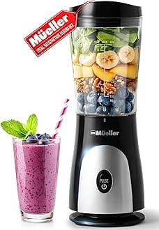 Mueller Smoothie Blender for Smoothies - Personal Blender for Shakes, Frozen Drinks, Baby Food & More, 15oz Travel Cup and Lid, Durable Stainless Steel Blades for Powerful Blending Performance, Black