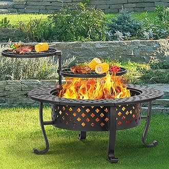 42 Inch Fire Pit with 2 BBQ Grills, Wood Burning Fire Pits for Outside with Lid & Fire Poker, BBQ& Outdoor Firepit & Round Metal Table 3 in 1 for Patio, Picnic, Party