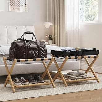 Fully Assembled Luggage Racks Pack of 2, Folding Suitcase Stand with Storage Shelf, Bamboo Luggage Stand with 5 Nylon Straps for Guest Room, Bedroom, Heavy Duty, Natural