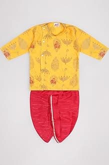 Boy's Golden Foil Printed Side Open Cotton Kurta, Round Collar, Full Sleeves With Cream Color Dhoti, Kurta Set