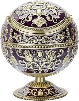 LAUYOO Windproof Ashtray with Lid for Cigarettes Metal Portable Cigar Ashtray Odor Eliminator for Indoor outdoor Hand Stamped Rose Pattern with Sparkle Fancy Gift for Men Women (Dark Purple-Bronze)