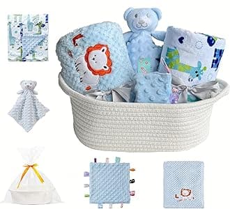 Baby Welcome Gift Set Storage Basket with 2 Blankets+ 1 Security Blanket + 1 Taggie + 1 Gift Bag with Ribbon (Blue)