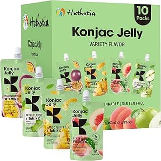 Konjac Jelly Variety Pack, Drinkable Jelly 10 Pouches-Peach, Mango, Passion Fruit, Green Apple, Gluten-Free, Sugar-Free, Vegan, Keto, Low Calorie Snack with Vitamin C, On-the-Go Healthy Treat