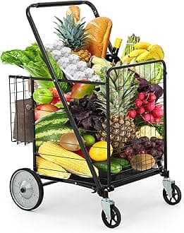 YITAHOME Folding Shopping Cart with Wheels, Rolling Foldable Grocery Cart with Rear Basket, Portable Collapsible Utility Cart with Reinforced mesh Bottom Panel for Shopping Groceries Laundry Storage