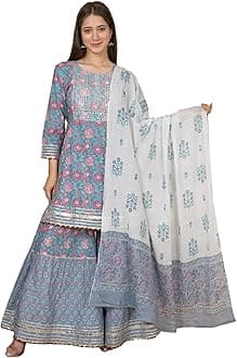 Women Cotton Festive Embrodriery Printed Kurta With Sharara & Dupatta