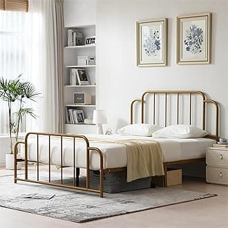 PINJU Metal Platform Bed Frame with Headboard and Footboard, Classic Style, Sturdy Metal Slats, No Box Spring Needed, Easy Installation (Gold, Full)