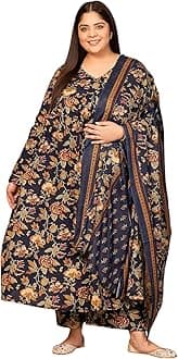 MEERA FAB Women's Cotton Blend V-Neck Plus Size Anarkali Printed Kurta with Palazzo & Dupatta