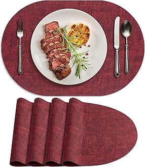 Placemats for Dining Table Set of 4 Non-Slip, Heat Resistant Oval Leather Placemat Double Layer, Waterproof Table Mats Easy to Clean for Kitchen Dining Room Coffee Office Table, Wine Red