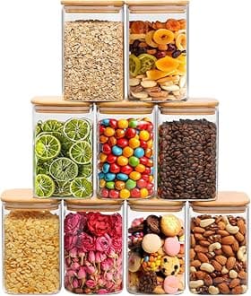 ComSaf 1.1L Glass Storage Containers with Lids, Glass Jars with Bamboo Lids, Clear Square Food Storage Jar Set of 9, Pantry Organizers and Storage for Flour Oat Pasta Tea Coffee Bean