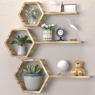 Hexagon Floating Honeycomb Shelves - Set of 6 Geometric Shelves for Wall Decor, Lightly Colored Honey Comb Design