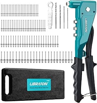 Heavy Duty Rivet Gun, Robust Professional Riveter, Pop Rivet Gun Set, Manual Riveting Tool with 100Pcs Rivets 4PCS HSS Drill Bits and 4PCS Interchangeable Heads, for Metal, Wooden and Plastic