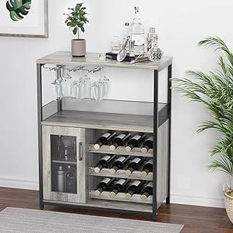 IDEALHOUSE 3-Tier Wine Bar Cabinet with Detachable Wine Rack and Storage Space, Buffet Cabinet with Glass Holder and Mesh Door, for Kitchen, Living Room and Bar (Gray)