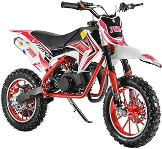 49cc Kids Dirt Bike, 2-Stroke Gas Power Dirt Bike, Off Road Gas Pocket Bike, Mini Dirt Bike for Kids, Motorcycle with Front Rear Disc Brakes,Racing Max Speed 40KM/H (Red)