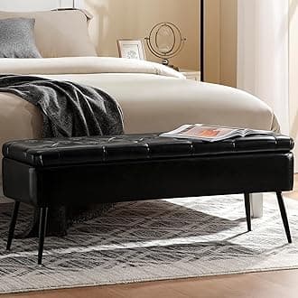 Leather Storage Ottoman Bench,End of Bed Bench for Living Room Bedroom Dinning Room Entryway,Mid-Century Modern, with Steel Legs,Safety Hinges, Loads 660 lb (with Button, Black)