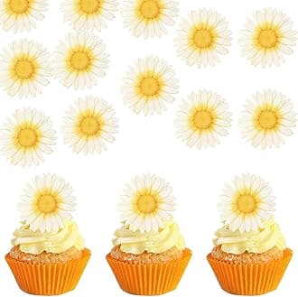 60 PCS Edible Daisy Cupcake Toppers Wafer Paper Flower Birthday Party Decorations Edible Sunflower Cupcake Picks for Baby Shower Spring Wedding Birthday Party Cake Food Decorations Supplies White