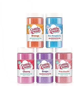 Cotton Candy Express Floss Sugar Variety Pack with 5 - 11oz Plastic Jars of Orange, Blue Raspberry, Pink Vanilla, Grape, & Cherry Flossing Sugars. Use with Cotton Candy Express Countertop Machine