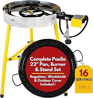 Paelluxe Paella Burner and Stand Set 16 Servings, 22 Inch Paella Pan, Dual Propane Outdoor Stove with Stand & Regulator, Portable Gas Cooker for Camping Crawfish Boil Cooking Outdoor, Paellera Propano