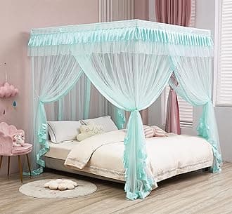Mengersi 4 Corners Post Canopy Bed Curtains for Girls,Bed Canopy Royal Luxurious Cozy Drape Netting - Cute Princess Bedroom Decoration Accessories (Twin, Sky Blue)