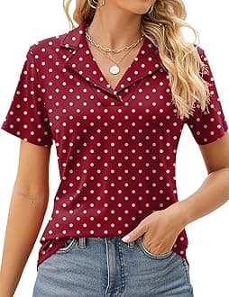Rapbin Women's Polo Shirts Lapel Collar V Neck Short Sleeve Blouse Dressy Casual Tunic Tops