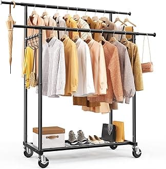 HOKEEPER Clothes Rack Heavy Duty Clothing Rack 450LBS Garment Rack with Wheels Double Rod Clothes Rack for Hanging Clothes Portable Closet Rack with Shelves, Black 22.5" D x 65" W x 66" H