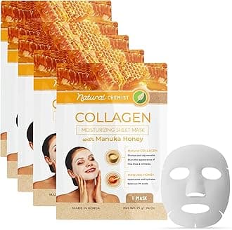 Collagen & Manuka Honey Sheet Face Mask - Moisturizing, Anti-aging & Skin Firming, Hydrating & Balancing Sheet Mask - Cruelty Free Korean Skin Care For All Skin Types - 5 Masks