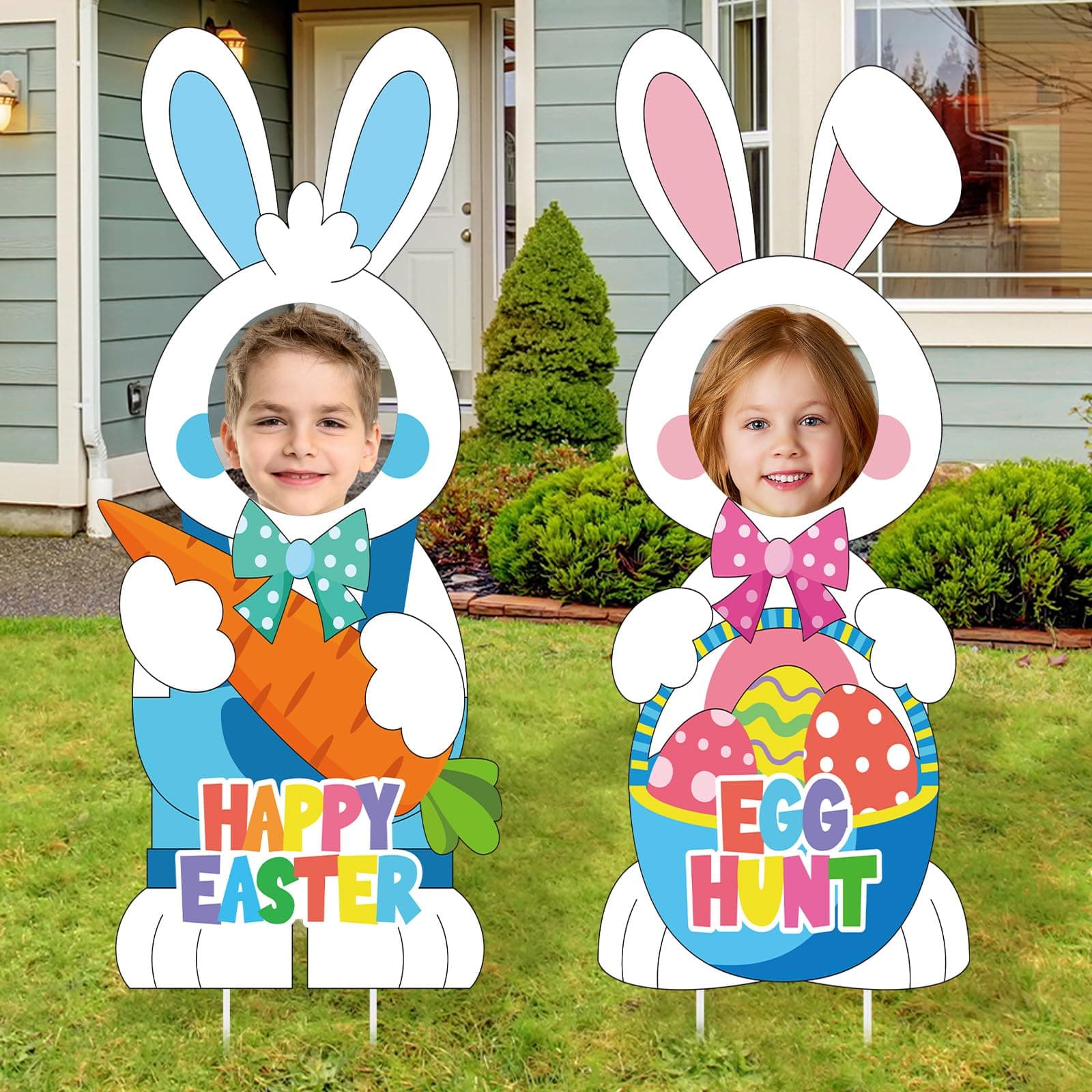 DoubleFill 2 Pcs Easter Bunny Face Yard Stake Easter Yard Decorations Easter Yard Signs Easter Egg Hunt Decorations for Spring Holiday Photography Easter Outdoor Lawn Garden Decorations