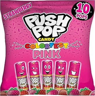 Push Pop Pink Candy Lollipops, 10 Ct Individually Wrapped in Pink Strawberry Flavor, Full Size, Fun Hard Candy Lollipops For Party Favors, Birthday Parties, Goodie Bags, Fun Gifts