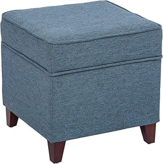 17" Square Ottoman with Storage, Small Blue Storage Ottoman Foot Rest with Hinged Lid & Solid Wood Legs, Linen Fabric Foot Stool for Living Room & Bedroom, Seasonal Home Refresh & Gifting