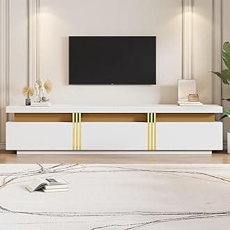 BTM TV Stand Cabinet for TV up to 89", TV Stand with 3 Drawers, White TV Cabinet with Faux Marble Top and Golden Panel Design, 200x40x42cm