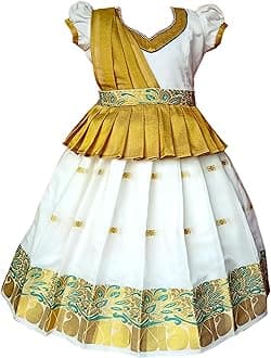 SRI GANAPATHI FASHION Girls Traditional Lehenga Choli with - KERALA HALP SAREE LIGHT GOLD