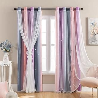 Dream Star Blackout Curtains for Kids Rooms Girl Princess Curtain for Daughter Bedroom Window (Grey Pink Purple, W34 X L63)