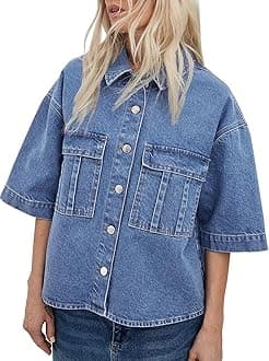 Imily Bela Womens Oversized Short Sleeve Denim Jackets Trendy Cropped Jean Tops Shackets